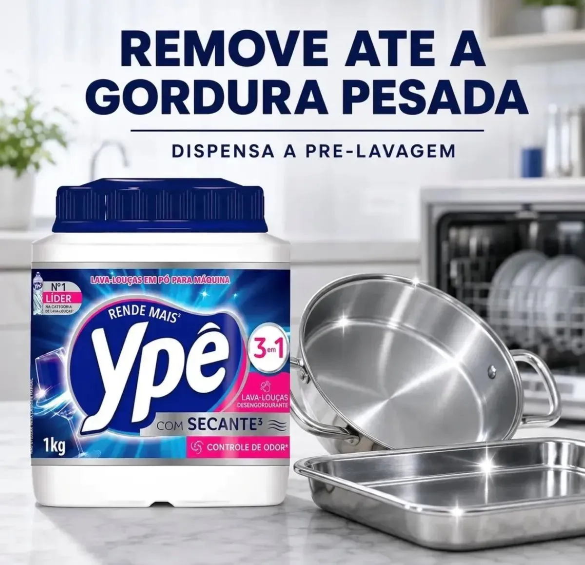 Imagem do detergente Ypê Lava Louças em Pó ao lado de panelas com gordura pesada, destacando a remoção sem pré-lavagem