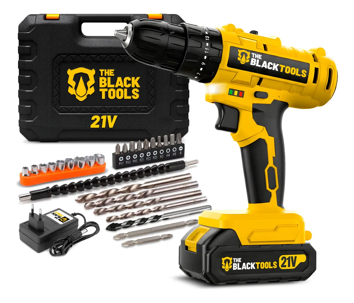 Furadeira E Parafusadeira De Impacto Sem Fio A Bateria 21v 3/8 Com Maleta E Acessorios Tb-21pzw The Black Tools