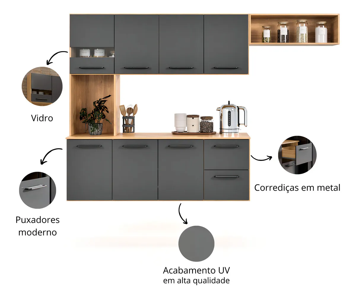 Armário de Cozinha Completo Juliana 7 Portas 2 Gavetas Compacto Planejado Moderno para Cozinha Pequena, Nichos Funcionais, Acabamento UV, Espaço para Eletros - Imagem 4