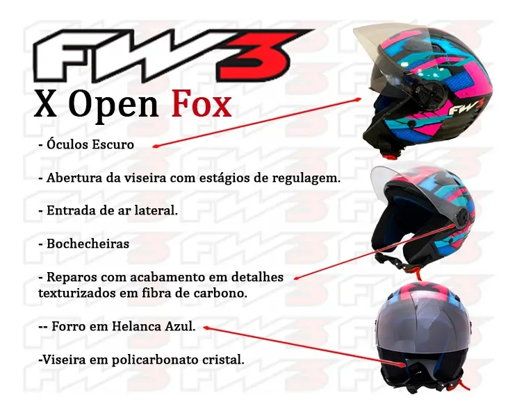 Capacete Aberto Moto Fw3 X Open Fox Óculos Interno Feminino — foto 2