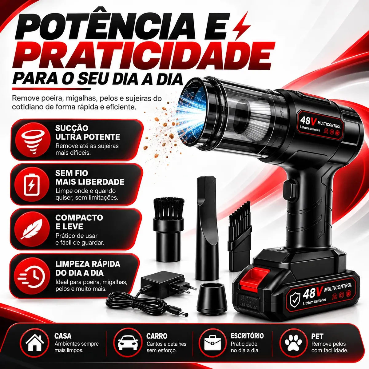 Aspirador de Pó Portátil Sem Fio 48V Recarregável Potente com 6 Bicos para Carro Casa Sofá e Estofados Preto - +uMais.u - foto 3