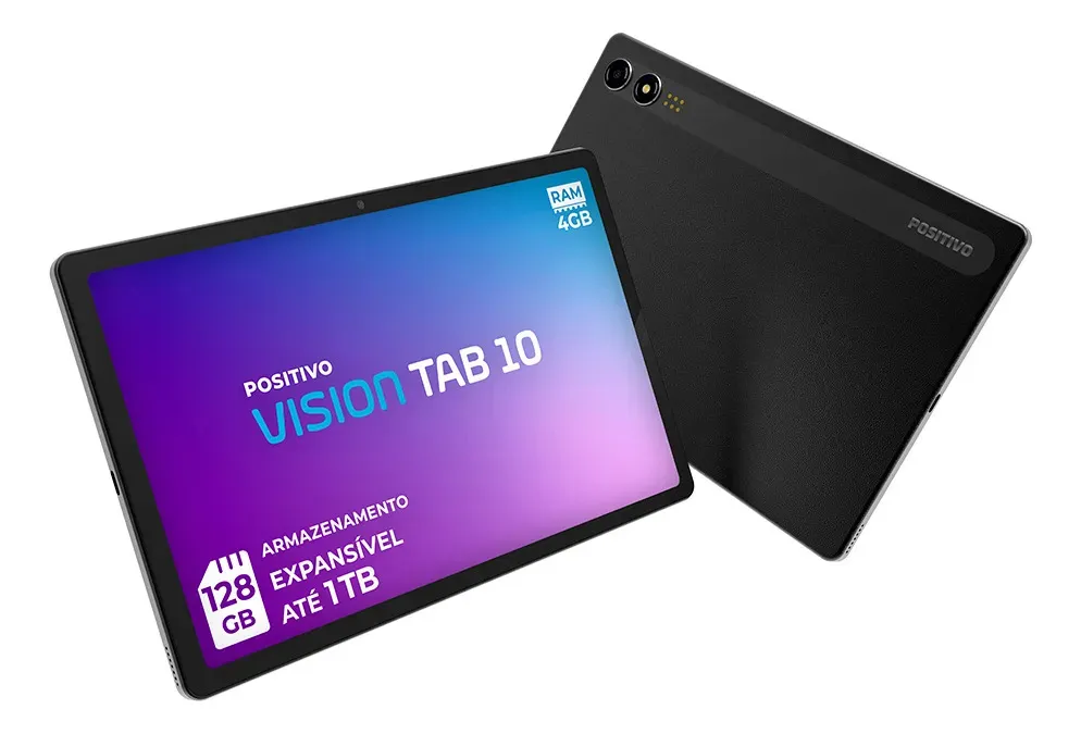 Vista frontal e traseira do tablet Positivo Vision Tab10 com especificações de armazenamento na tela