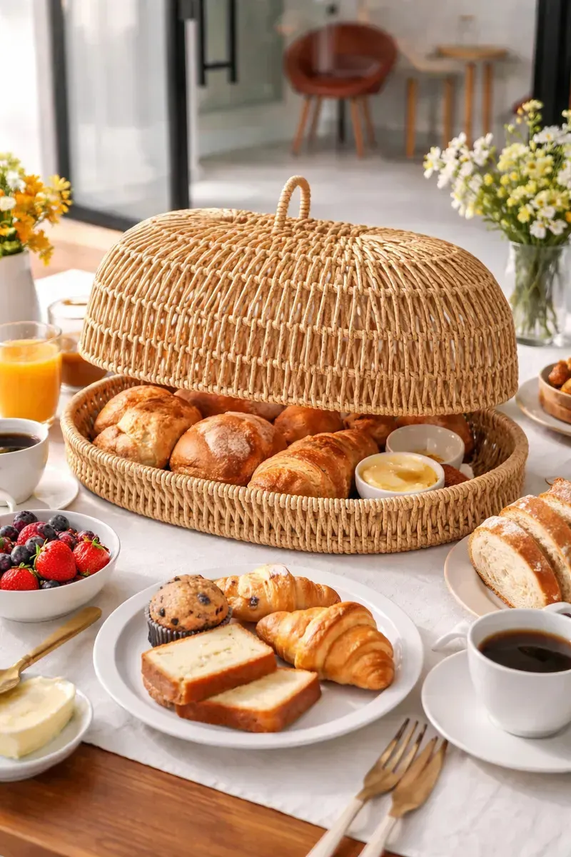 Cesto Porta Pão Bolo Doces Servir Mesa Posta Protege Decora Cesta Com Alça Para Pães Com Tampa Palha Trançada Boho Seagrass Decoração Para Mesa Posta Bandeja Piquenique Premium Trama Sintética