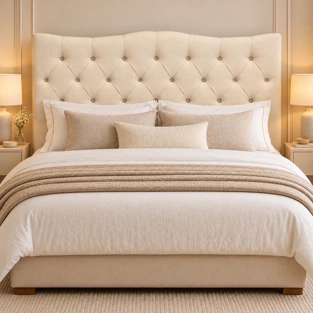 Cabeceira Casal Cama Box 140 Estofado Bege Premium Capitonê