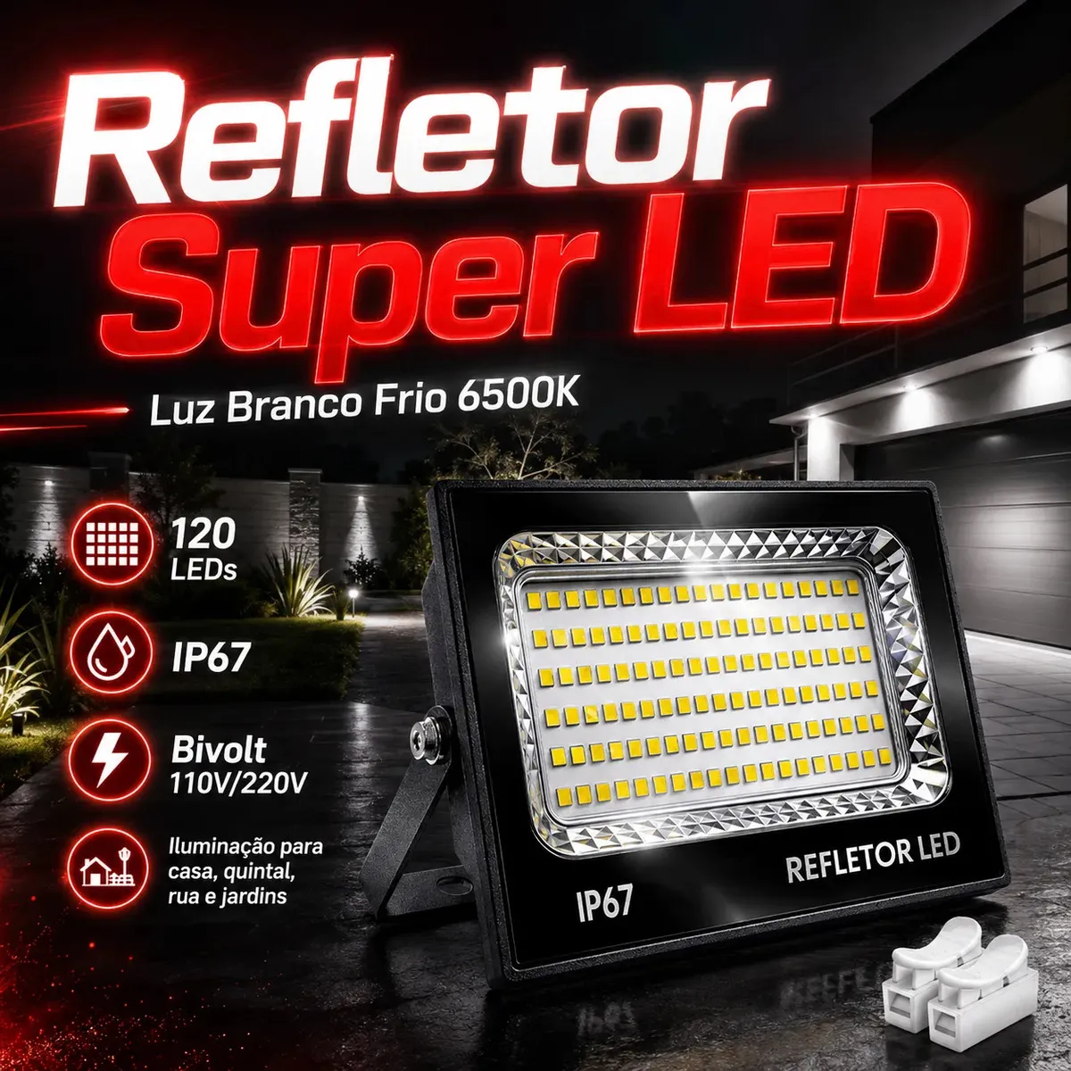 Kit 3 Refletores LED 500W UC68 Branco Frio 6500K IP67 Alumínio Externo