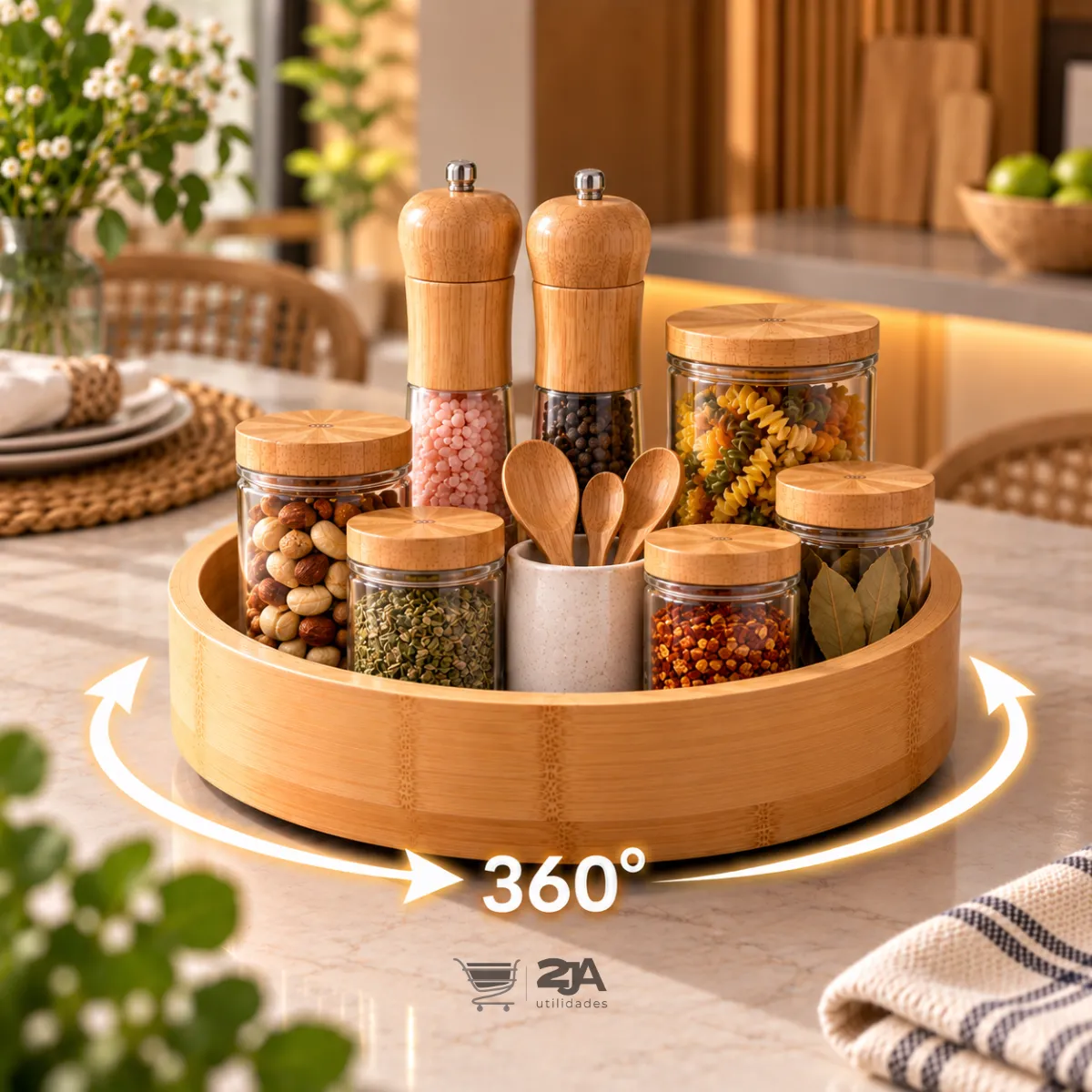 Bandeja Giratória 360° Bambu Organizadora Cozinha Temperos Bambu