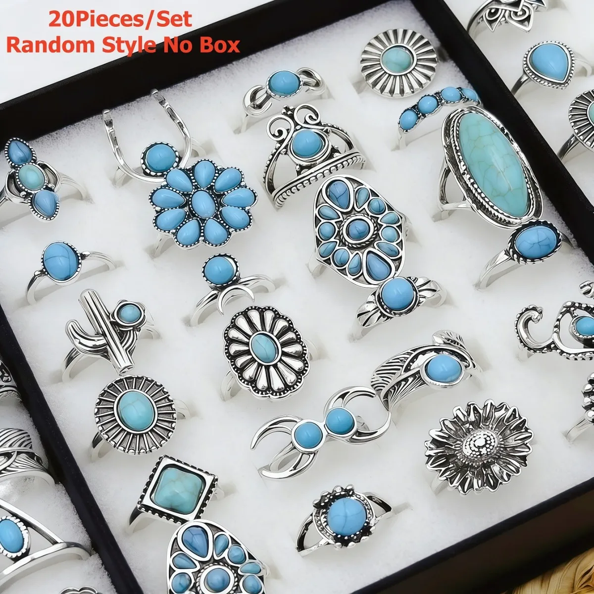 20 Peças/conjunto De Anéis De Turquesa Azul Vintage, Estilo — foto 3