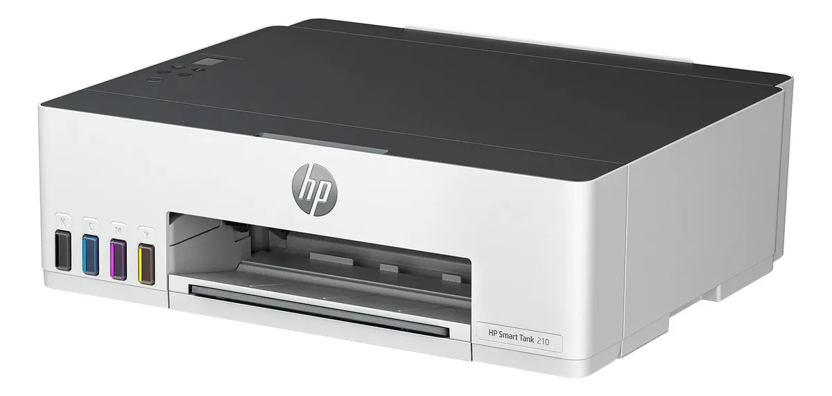 Vista lateral da impressora HP Smart Tank 210 mostrando os tanques de tinta colorida integrados