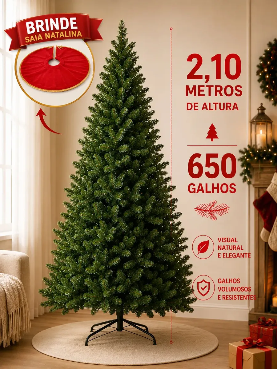 Árvore De Natal 2,10m Com 650 Galhos Cheia Pinheiro Verde Tradicional