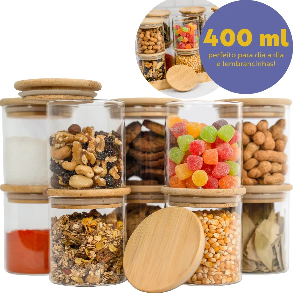 Kit 10 Pote Vidro Hermético Tampa De Bambu 400ml Cozinha Transparente
