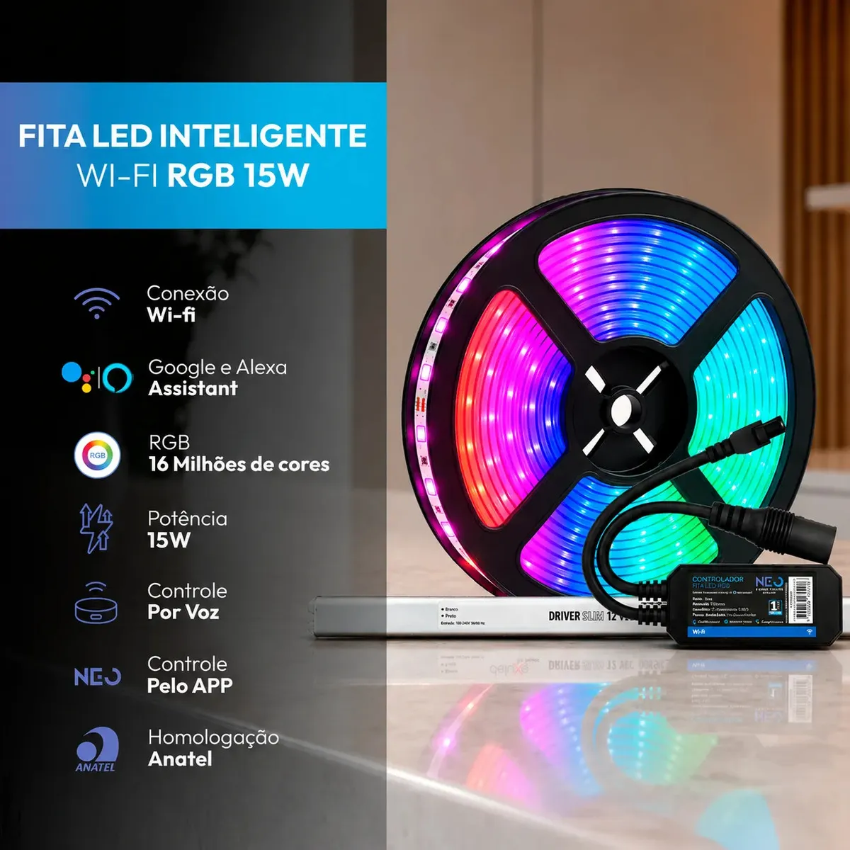Fita Led Inteligente Wi-fi 2.4 Ghz 15w 5 Metros 2700k/6500k Rgb Colorido 12v + Controlador Inteligente + Driver Cod: Neo001757-k001 Neo Avant 127/220v