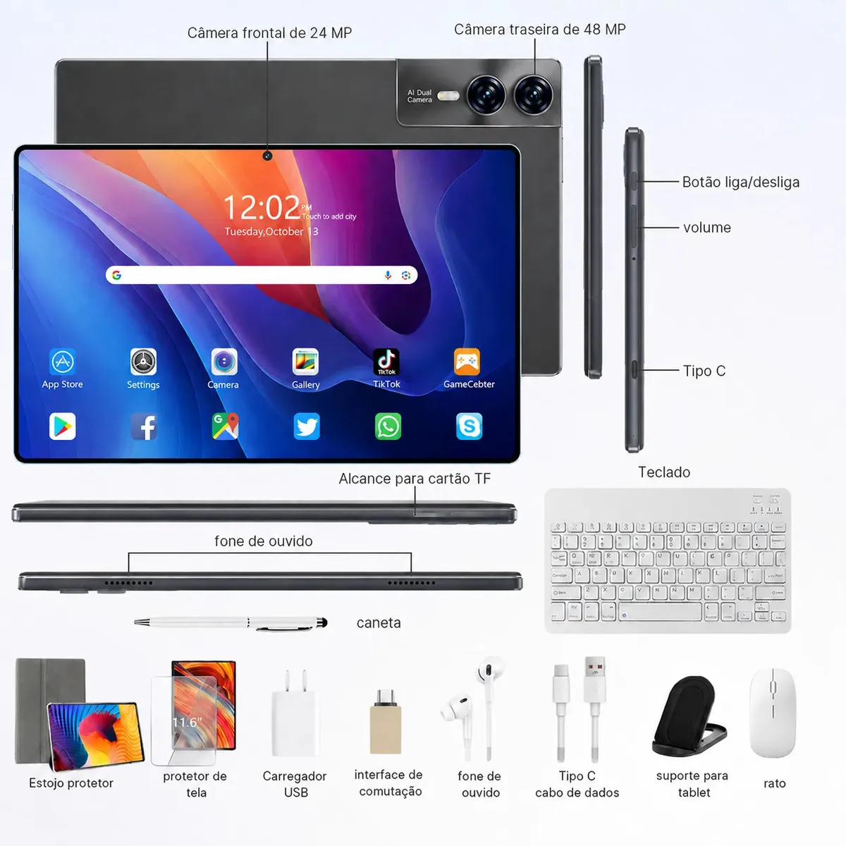 Tablet Hancdon S12 Android 15 12GB RAM 512GB Memória 11,6" Dual SIM Wi-Fi Kit Completo Com Teclado Mouse e Caneta Cor Cinza