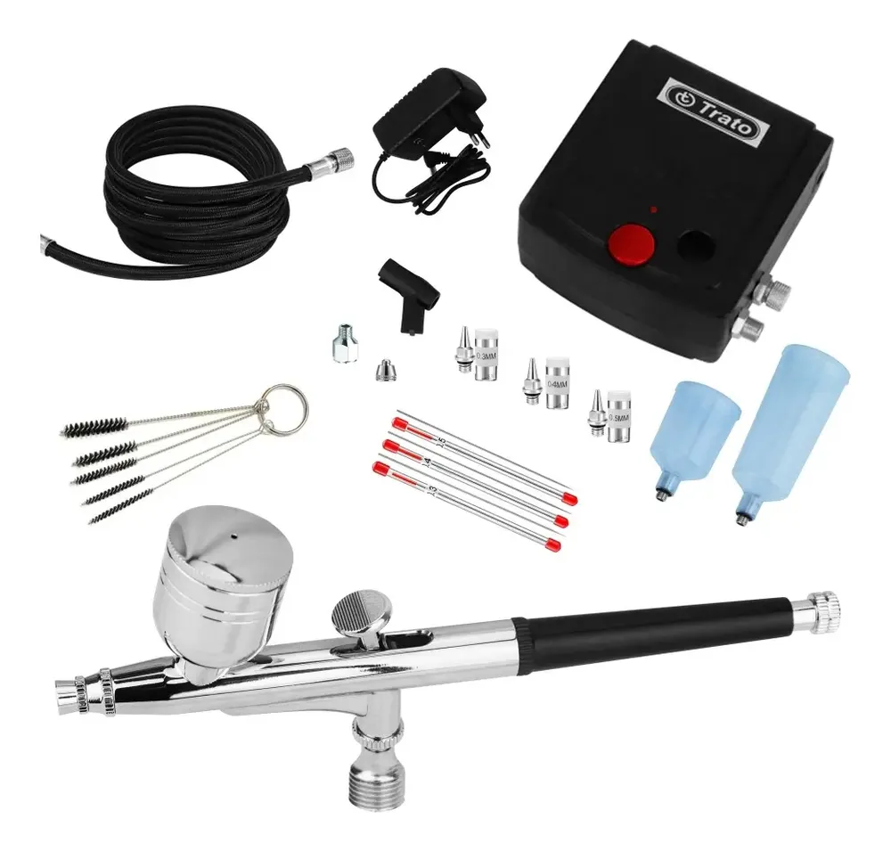 Kit Completo Aerografia TRATO — Mini Compressor de Ar + Aerógrafo 0,3mm