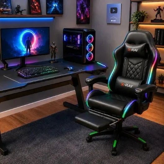 Cadeira Gamer E Escritório X-ray Fit Com Led Rgb Ergonômica Cor Preta Material Do Estofamento Couro Sintético