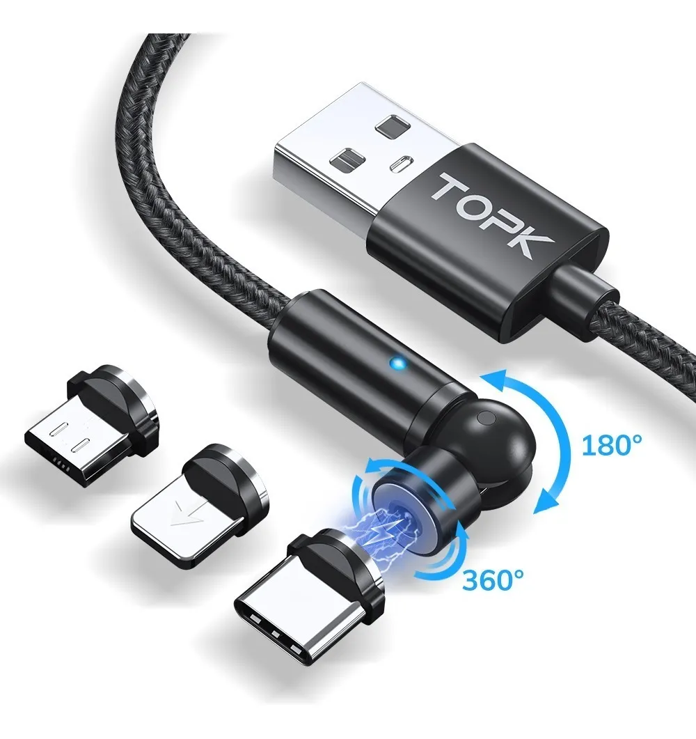 Cable Usb Magnetico Topk 3 En 1 Rotativo 540 Grados 1 Metro