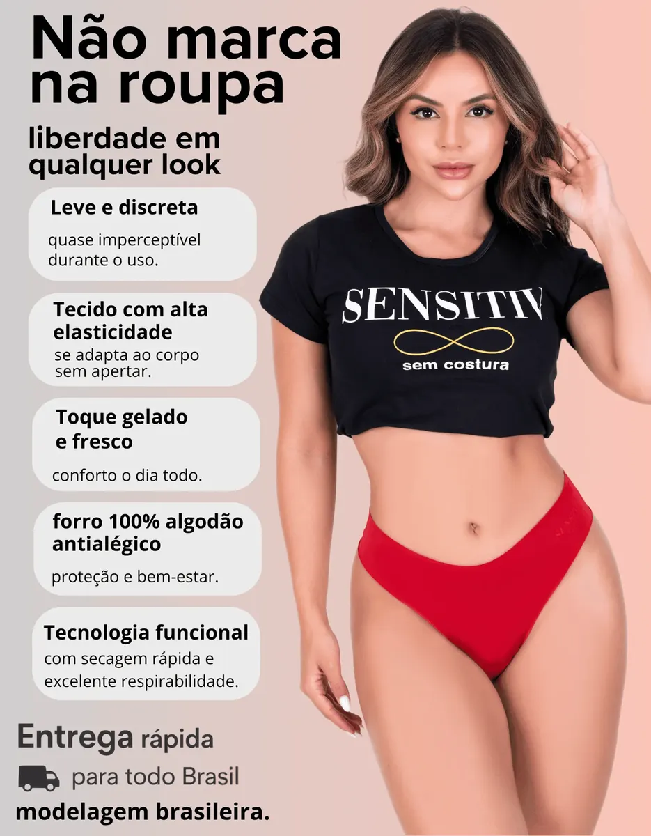 Infográfico informativo com modelo vestindo calcinha vermelha destacando benefícios como tecido elástico, toque gelado e forro de algodão