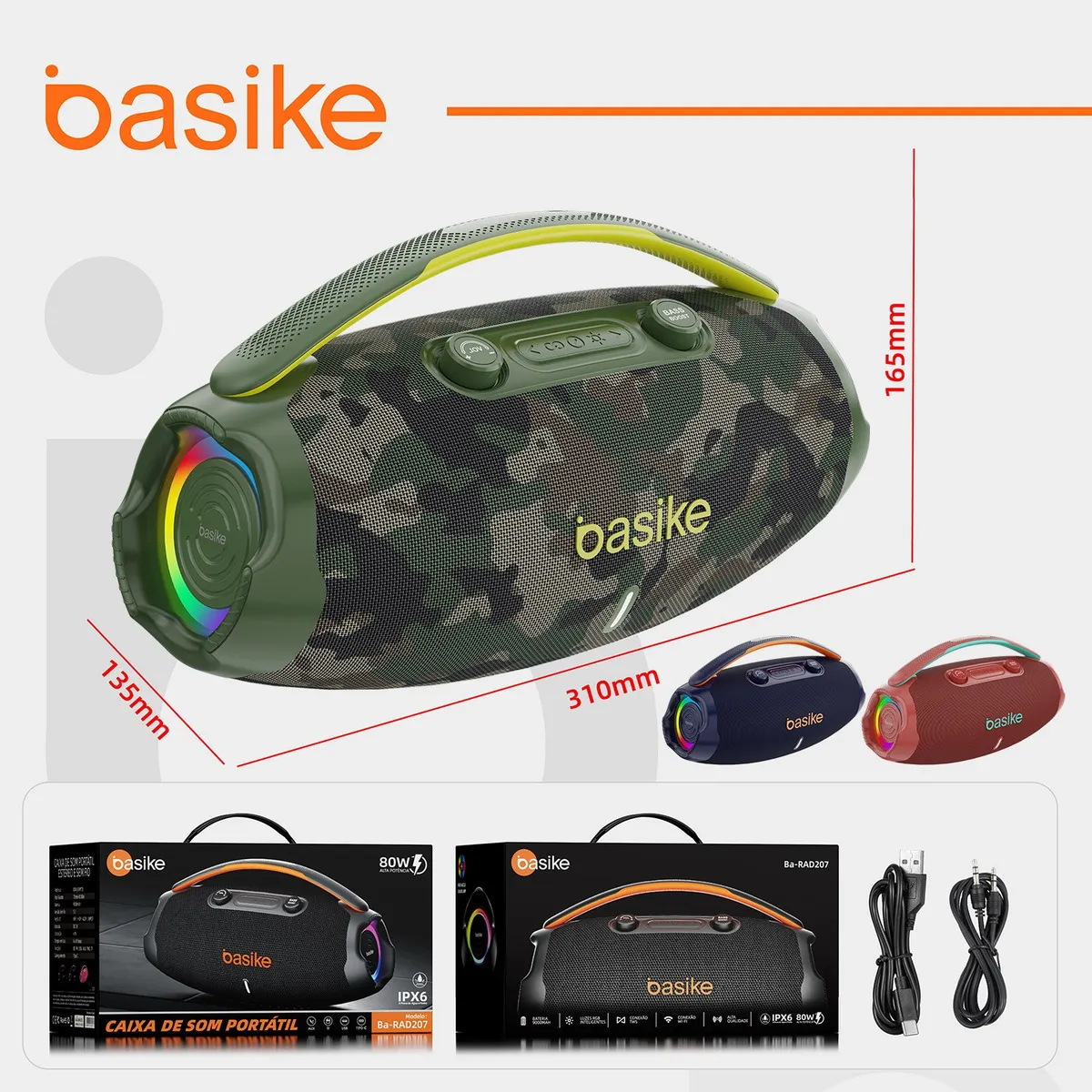 Basike Caixa Som 80w Caixa de som potente Alta Hifi, Ajuste Graves / Agudos botão, Bluetooth 5.3 Luzes Rgb, Com Bass Boost /Tws/função de rádio, Bateria 9000mah 8h, para praia, casa, exterior, viagens - Imagem 2