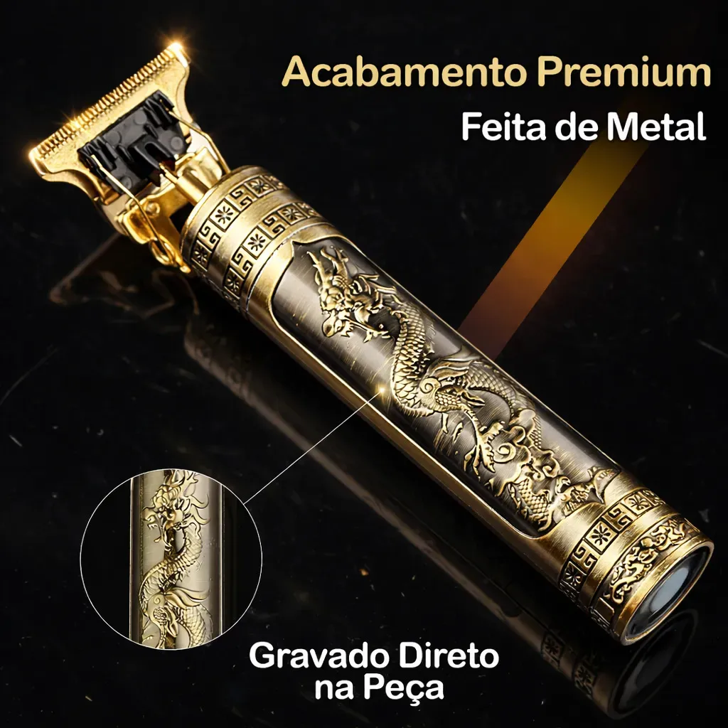 Máquina De Cortar Cabelo E Aparador De Barba Dr. Hank Dragão Dourado Lâmina T Profissional Sem Fio Recarregável Usb, 4 Pentes 1 Ao 4 Mm Motor Potente
