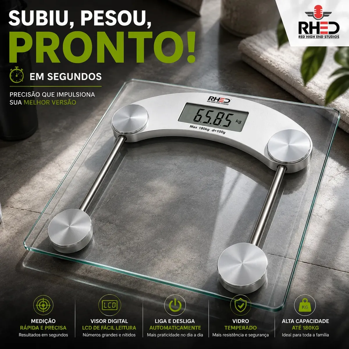 Balança Corporal Digital Vidro Temperado Transparente Portátil pesagem Academia Nutricionista Balanca 180kg Dieta Treino Fitness Musculação Saúde Profissional Ou Domestico Rhead Red High End Studios