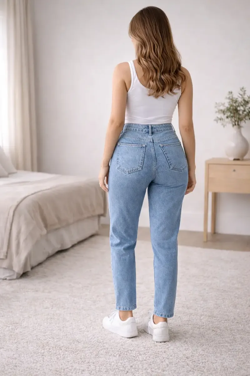 Mulher de costas, exibindo o caimento da calça jeans mom Stillger clara e os bolsos traseiros, em um quarto claro.