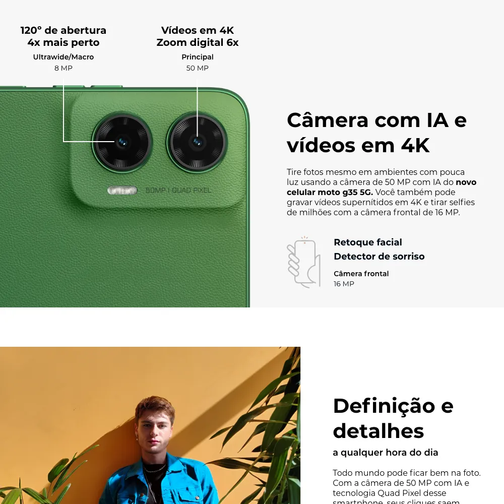 Smartphone Motorola Moto g35 5G - 128GB 12GB (4GB RAM+8GB Ram Boost) e Camera 50MP com AI NFC Tela 6.7" com Superbrilho - Verde - Vegan Leather - Imagem 2
