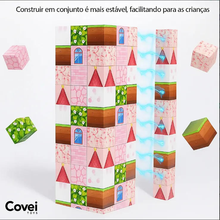 Kit 384 Blocos Magnéticos De Montar Construção Brinquedo Educativo Rosa Para Menina Covei Toys - Imagem 3