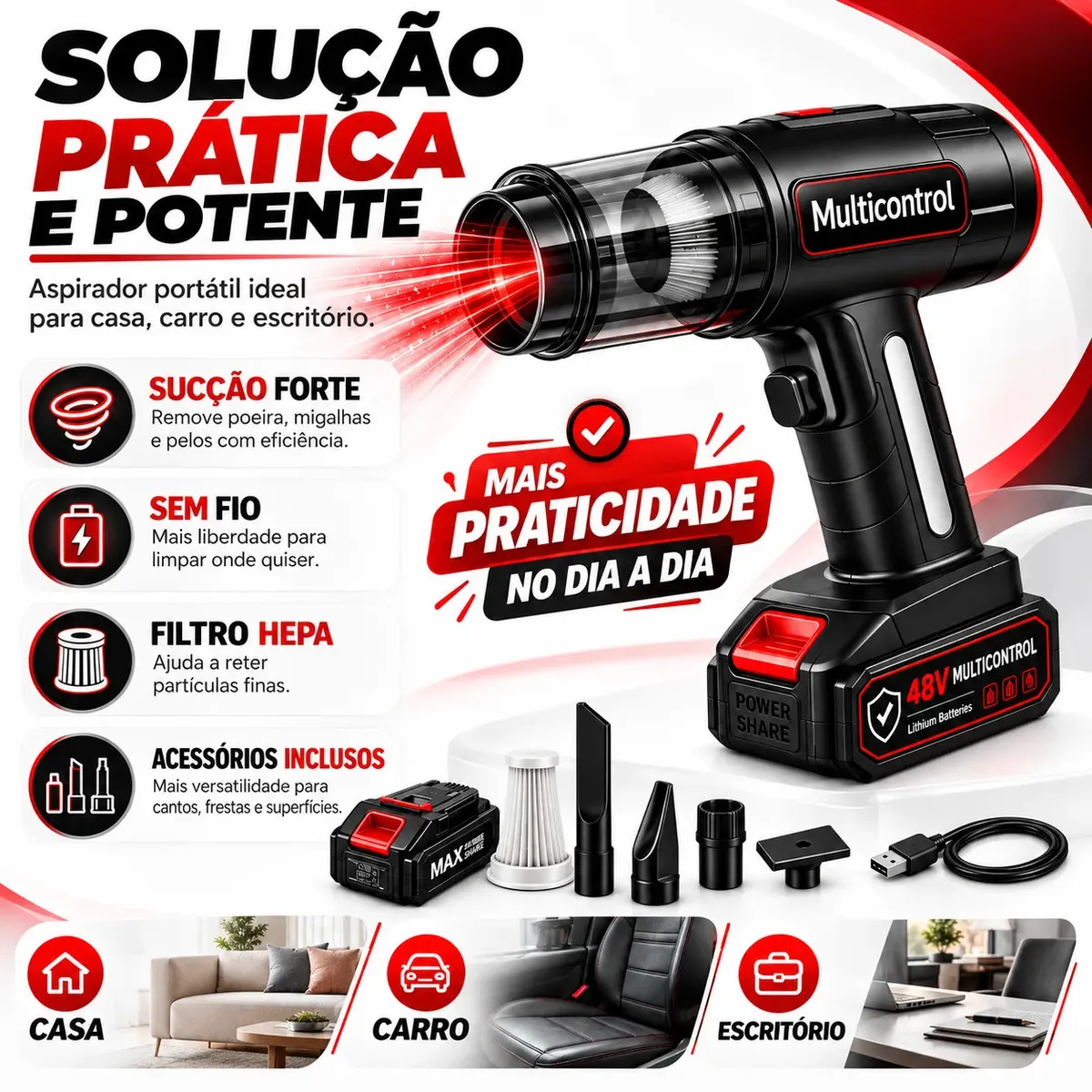 Aspirador de Pó Portátil Sem Fio 48V Recarregável Potente com 6 Bicos para Carro Casa Sofá e Estofados Preto - +uMais.u - foto 5