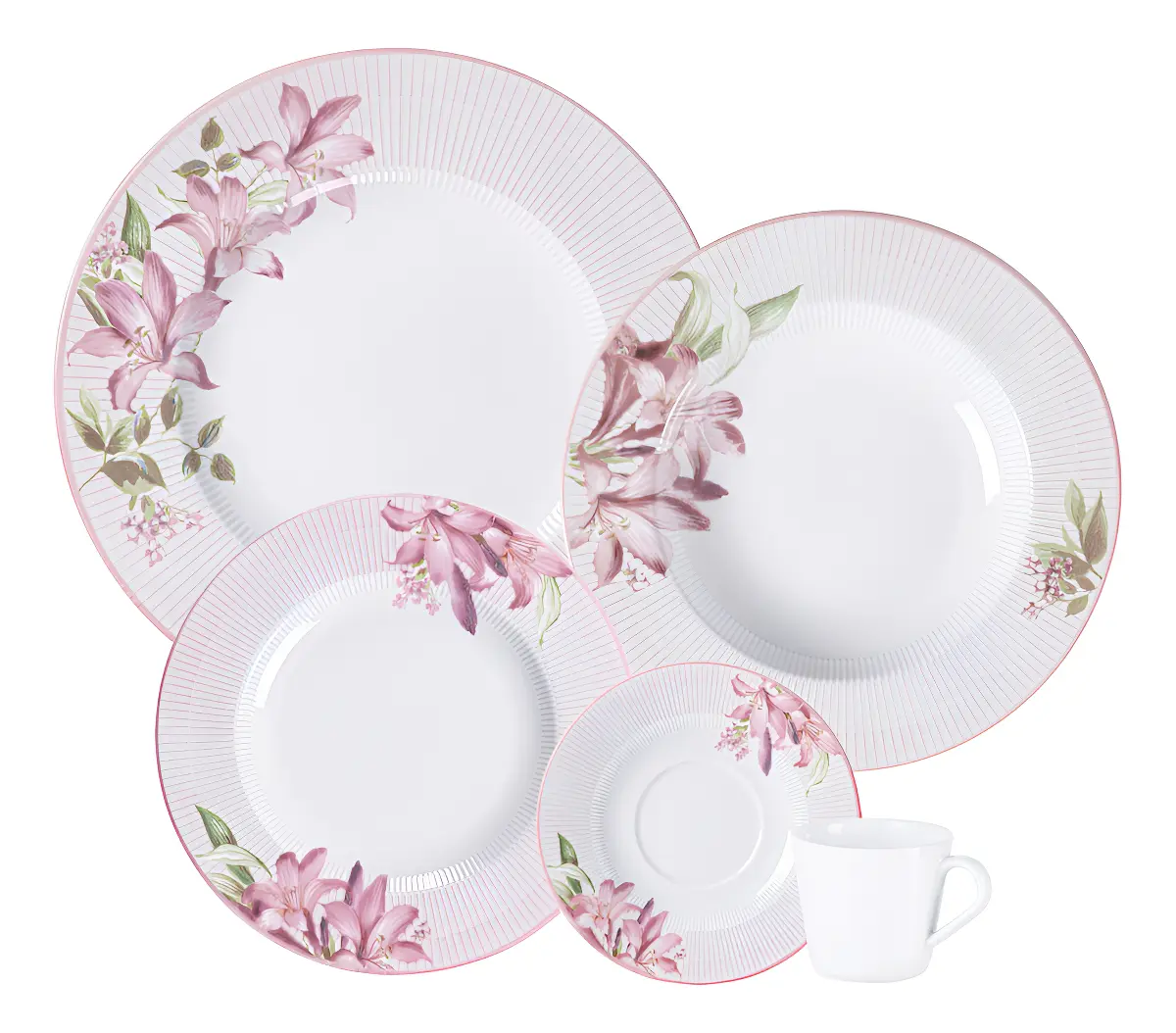 Aparelho Jantar Dominique Em Porcelana 20 Peças Tramontina Branco Com Rosa Florido