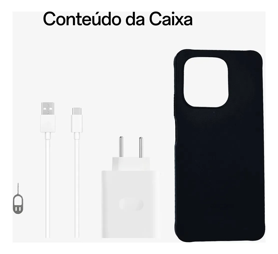 Conteúdo da caixa do Oppo A6t incluindo cabo USB, carregador, extrator de chip e capa protetora preta