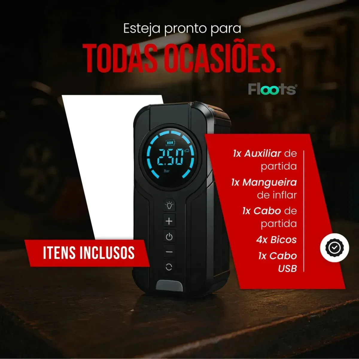 Auxiliar de Partida Carregador Bateria Com Compressor de Ar Emergência Portátil Veicular Floots Automotivo — imagem 6