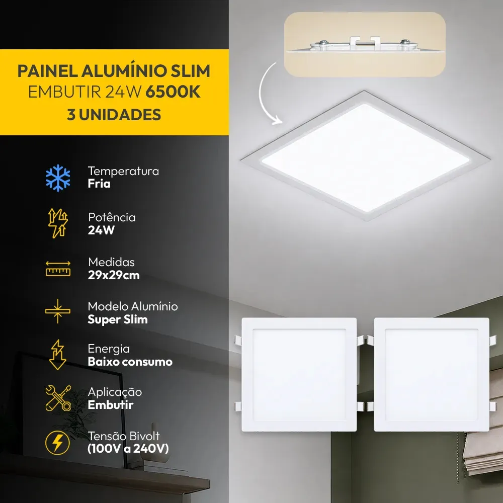 Kit 3 Painel Led Plafon Aluminio Embutir 24w 6500K Branco Frio 29x29Cm Quadrado Cod: ALUT190075-3 Alut By Avant