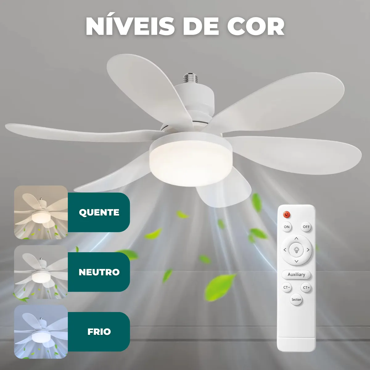Ventilador de Teto Silencioso Econômico com Luz Led Lâmpada TOP Embutida 3 Cores Ajustáveis Modos Timer Controle Remoto Instalação Fácil no Bocal, Ideal Quarto Sala Cozinha Escritório 6 Pás SAYONARA