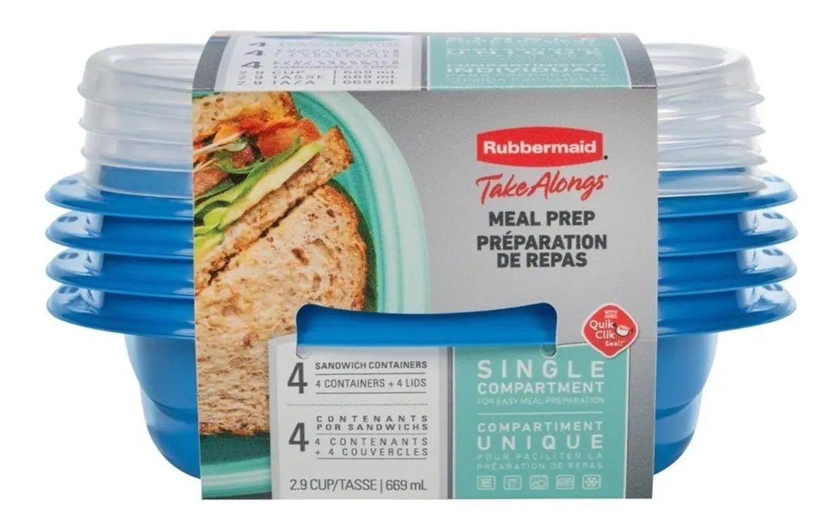 Set De Envases Takealongs Rubbermaid (Azul 686 Ml) x4 RUBBERMAID Caja x 4 DESCRIPCIÓN DEL PRODUCTOLos recipientes Rubbermaid® TakeAlongs® Meal Prep están diseñados para ayudarlo a preparar, almacenar y recalentar comidas con facilidad. Diseñados con materiales livianos de a