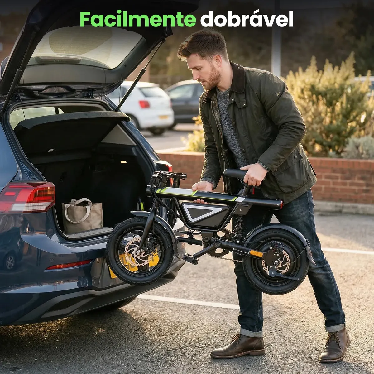 Homem de jaqueta e jeans dobrando a bicicleta elétrica Xroymexroy Eb1s preta e colocando-a no porta-malas de um carro, demonstrando sua facilidade de transporte.