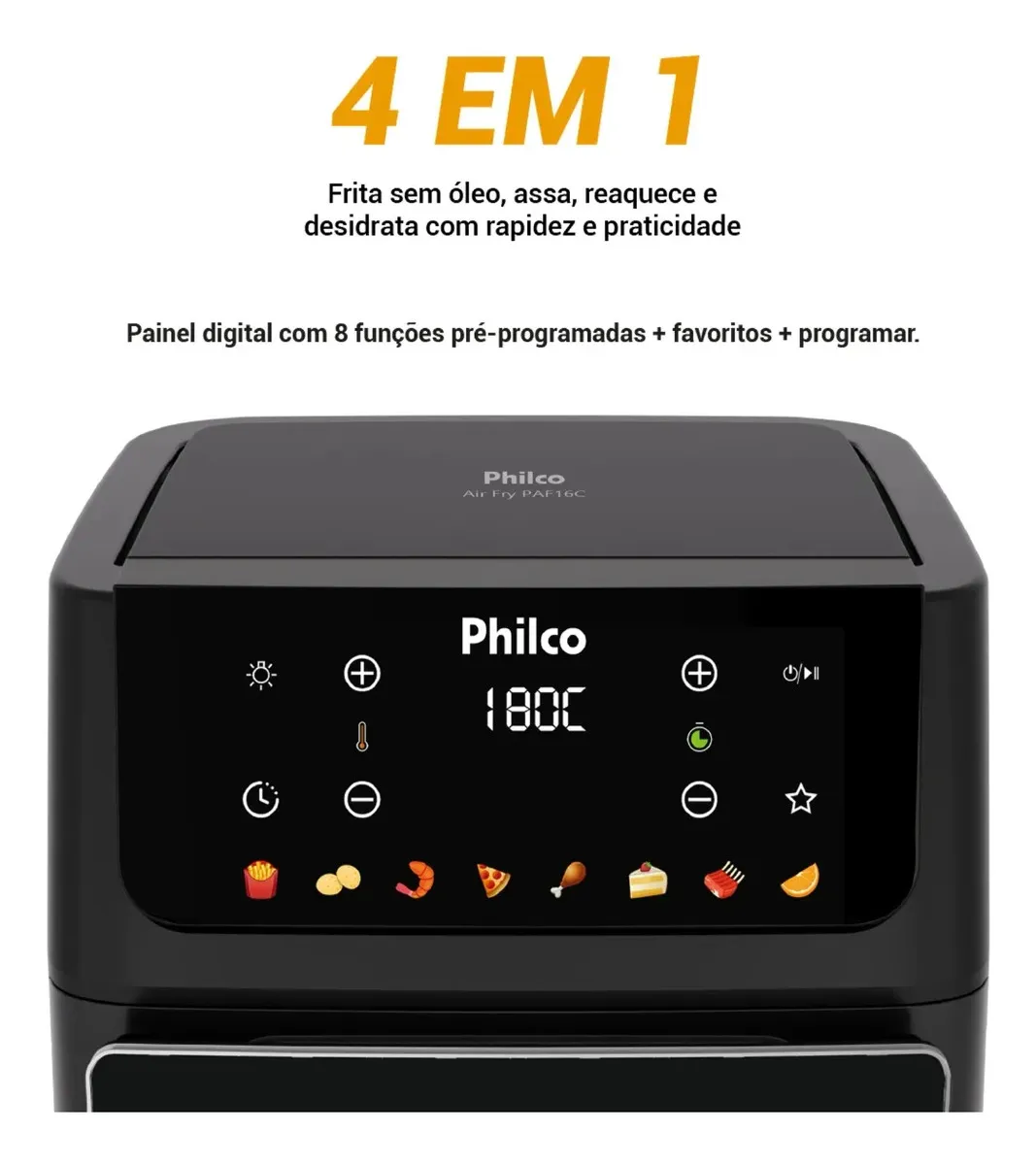 Close no painel digital da Air Fryer Philco destacando funções e botões
