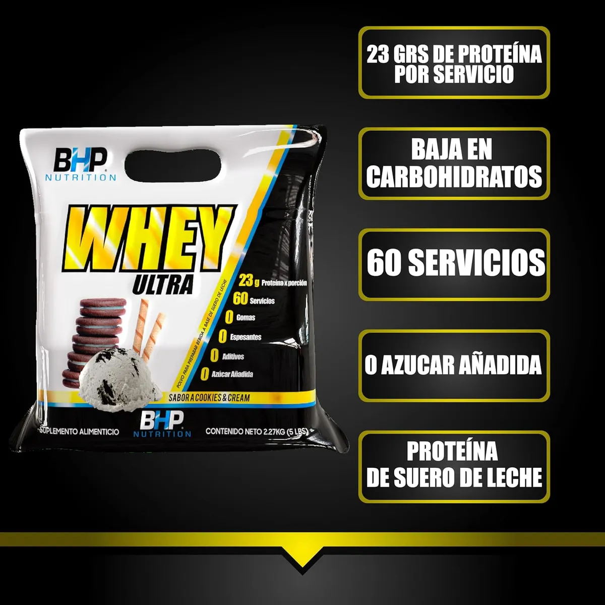 Proteina Bhp Ultra Whey Ultra 2.27 Kg 5 Lbs Bolsa Sabor Cookies