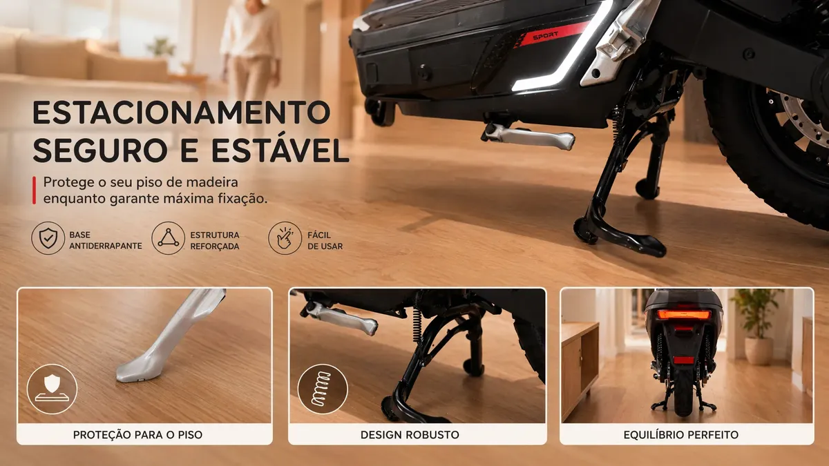 Detalhes técnicos do sistema de estacionamento estável e descanso da bicicleta