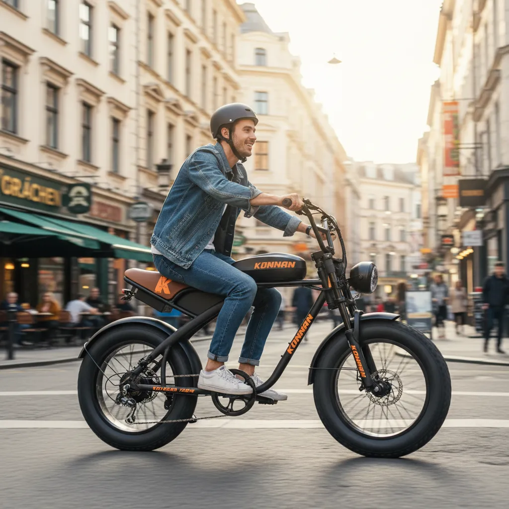 Homem sorrindo pilotando a bicicleta elétrica Konnan Voyager 750W em uma rua urbana