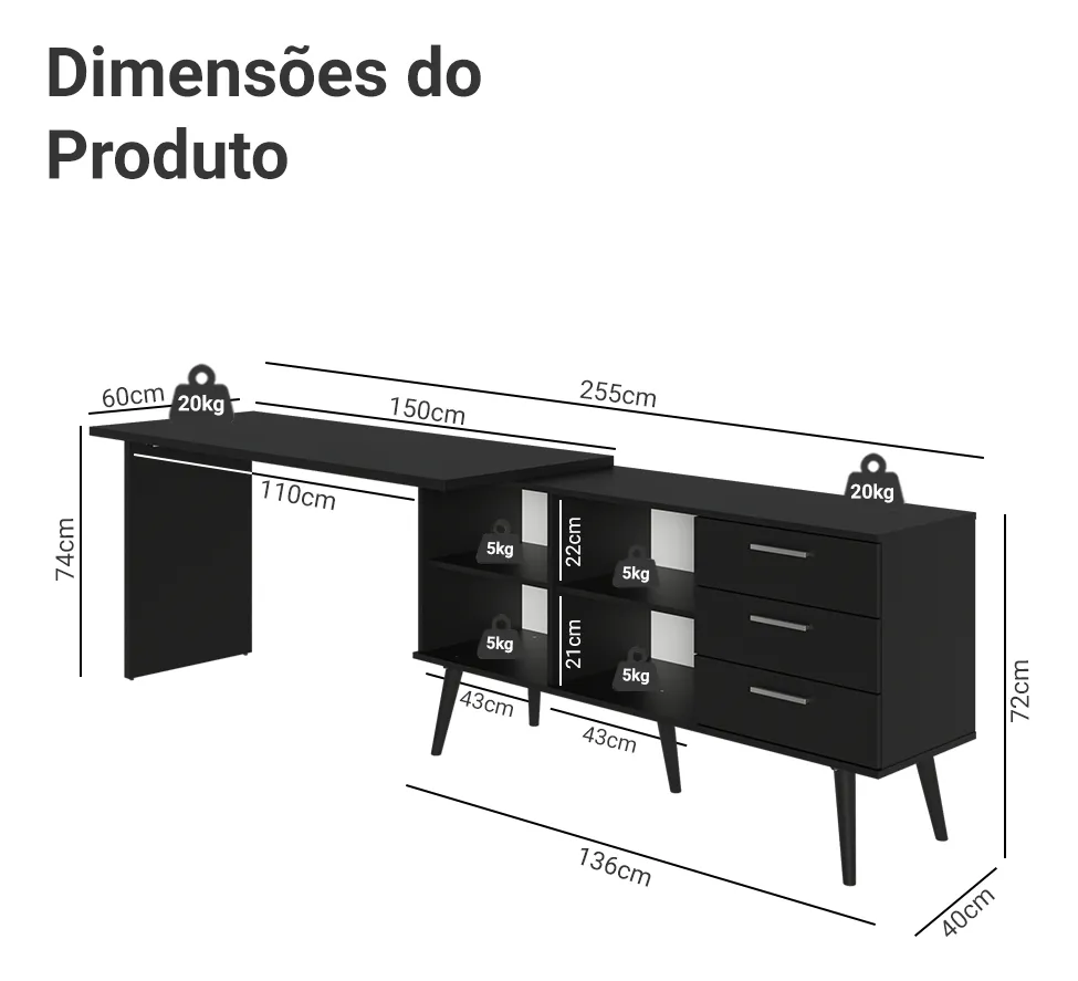 Escrivaninha Mesa Escritório Canto 3 Gavetas Lisboa Madesa P Cor Preto - Imagem 4