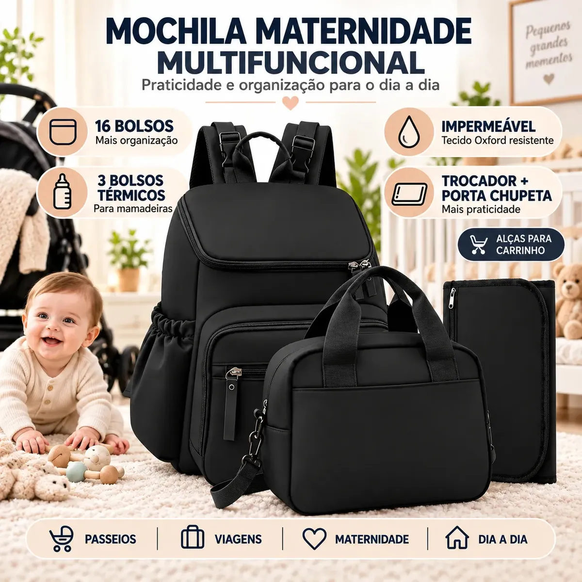 Mochila Maternidade NTESX Impermeável Preta com Trocador, Porta Mamadeira, Grande Capacidade 16 Bolsos, Bolsa Maternidade para Bebê, Viagem, Passeio, Hospital e Uso Diário