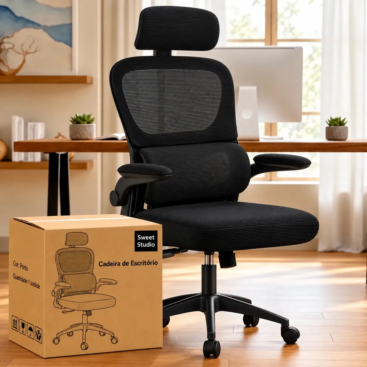 Cadeira de Escritório Sweet Studio Ergonômica Preta, com Apoio de Cabeça e Suporte Lombar