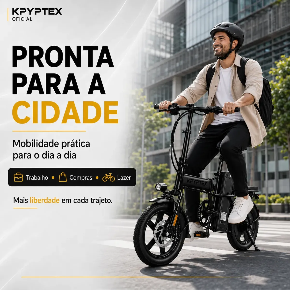 Homem usando bicicleta Kryptex Q1 em ambiente urbano, com capa de cidade ao fundo
