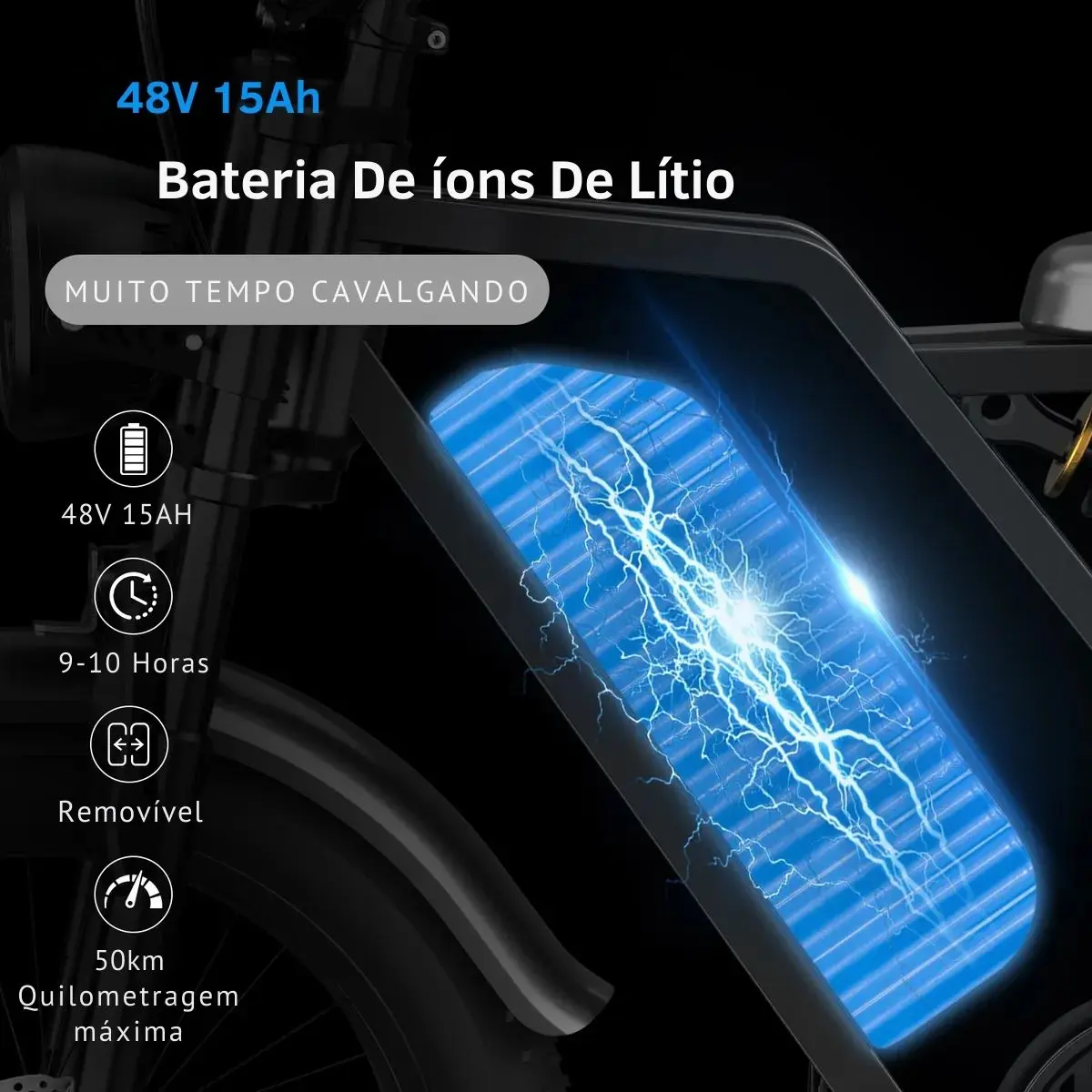 Bateria de íons de lítio 48V 15Ah da bicicleta elétrica Starmega V8 com informações de autonomia e tempo de carga