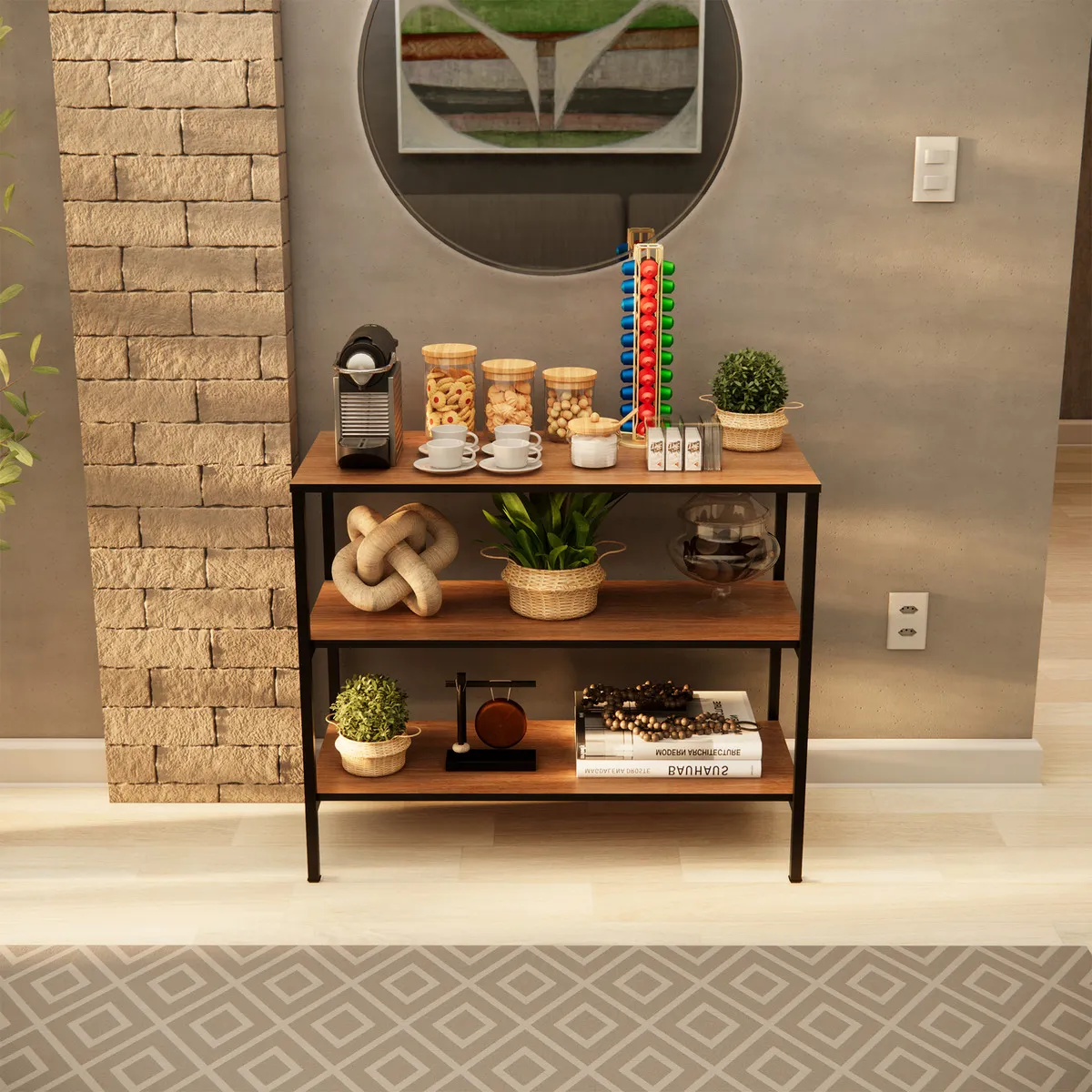 Aparador Cantinho Do Café Buffet Industrial 3 Prateleiras Para Sala Sofá Cor Freijó - Imagem 4