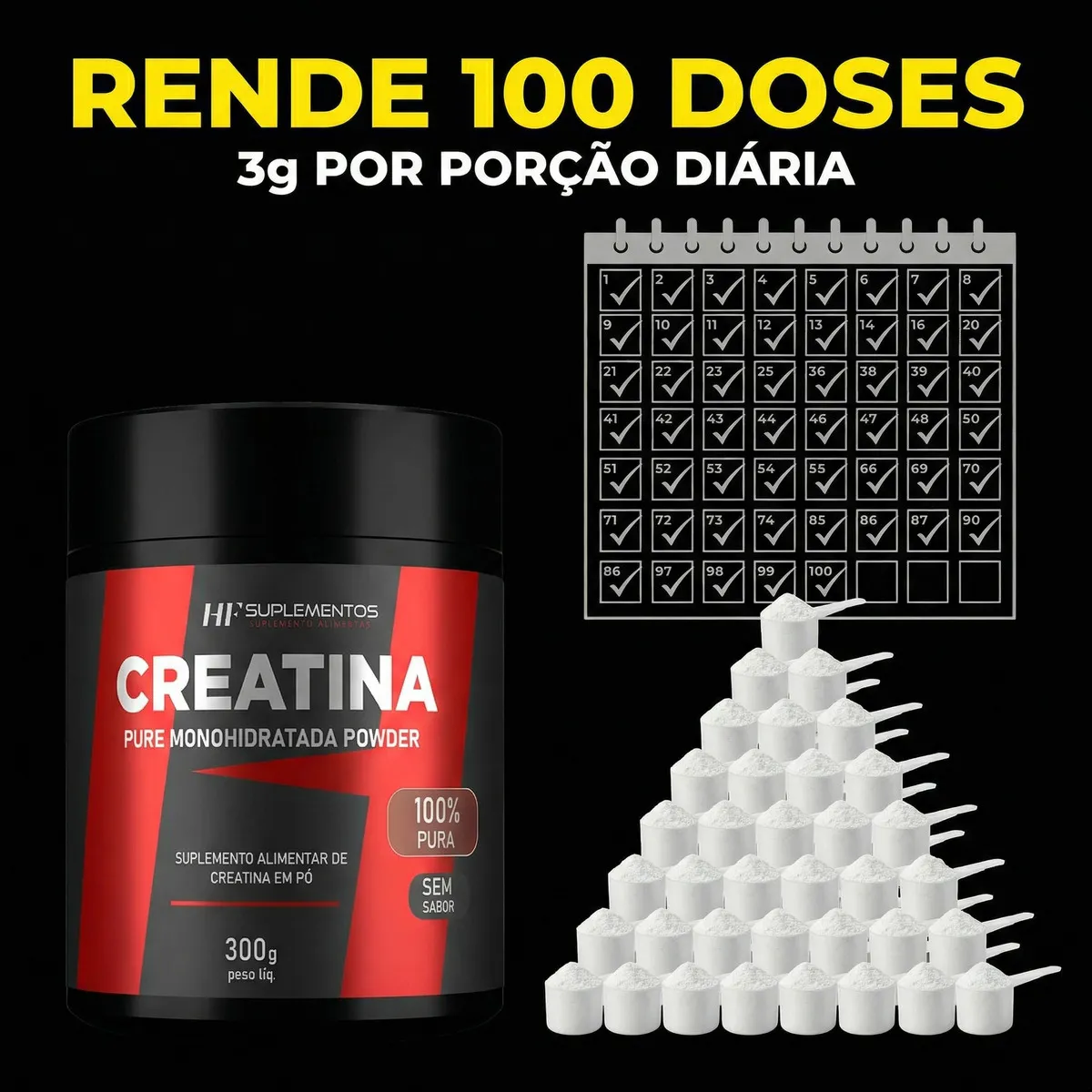 Creatina Monohidratada em Pó Pura 300g HF Suplementos Força Massa Muscular Performance - Imagem 3
