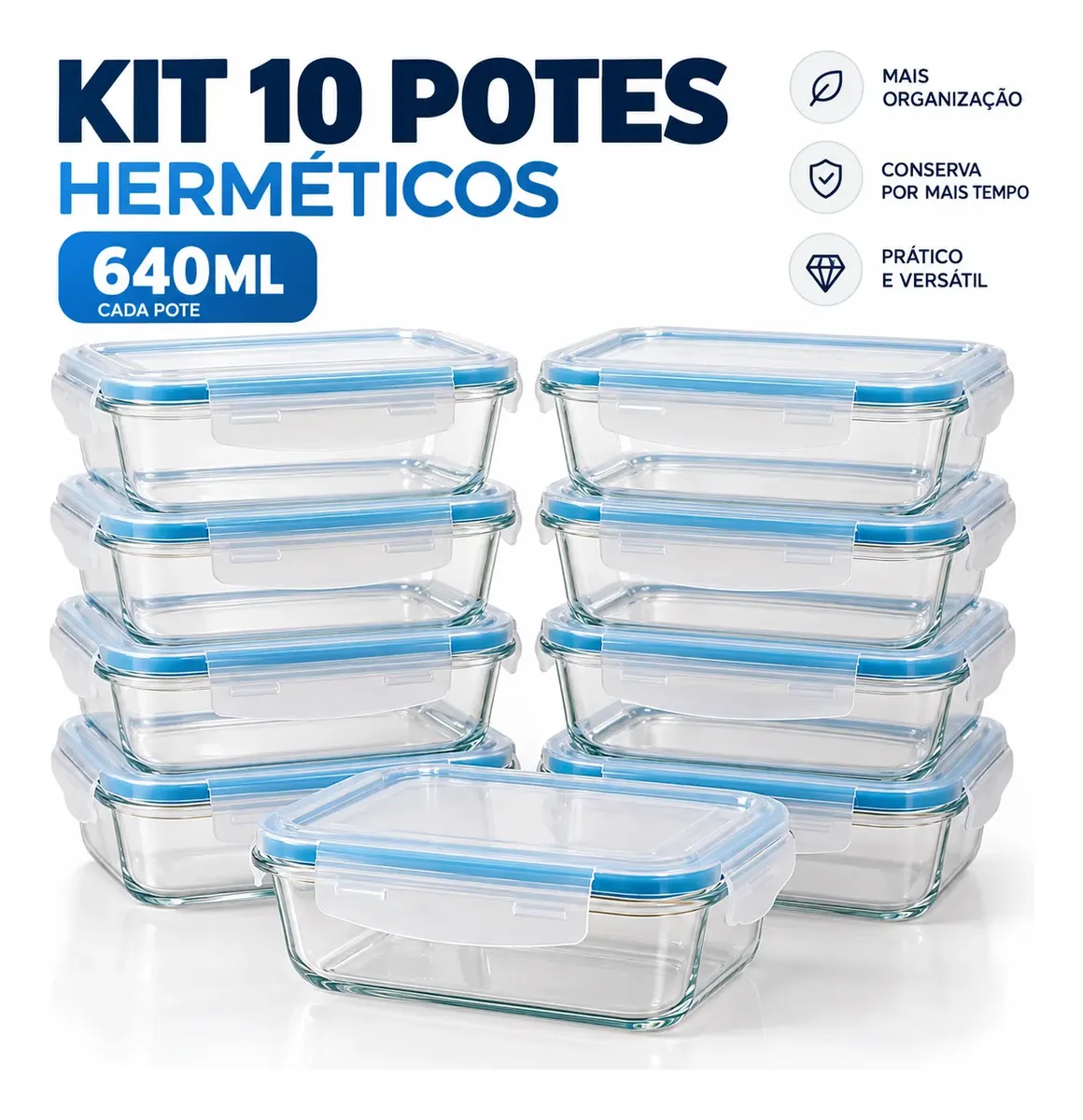 Kit 10 Pote Hermético Vidro Retangular 640ml Cozinha