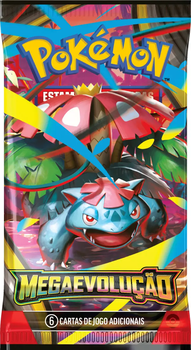 Close-up frontal de um pacote de booster Pokémon com ilustração do Venusaur