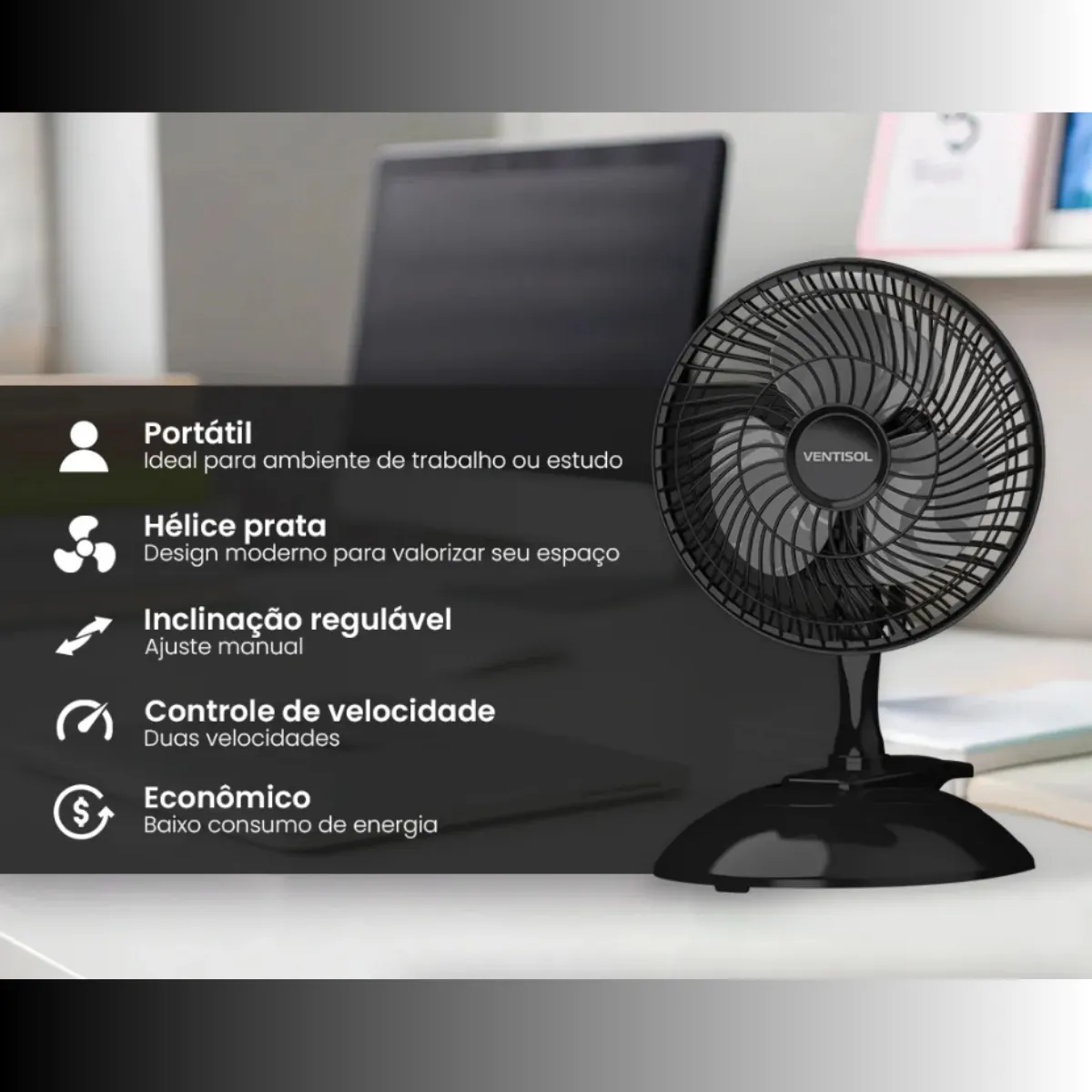 Mini Ventilador Ventisol 20cm 3 Pás Preto Clip Portátil De Mesa - Imagem 4