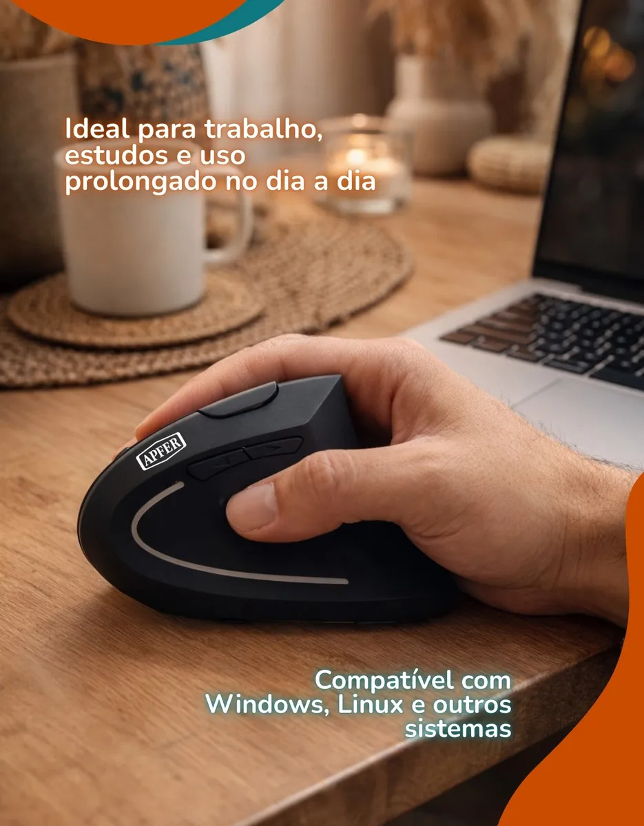 Mouse Vertical Ergonômico Sem Fio Recarregável Bluetooth e USB 2.4G – RGB, Silencioso, DPI Ajustável, Reduz Tensão no Pulso, Portátil e Confortável – Compatível com Notebook, PC, Windows e Mac - Apfer