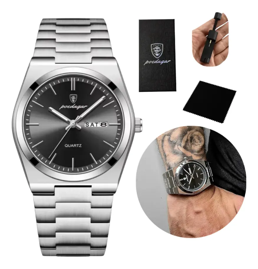 Relógio Poedagar Suiço  Masculino Aço Inox Old Money C/caixa